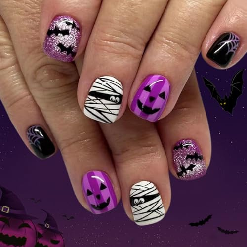 Ceboic 24Pcs Halloween French Press on Nails Short Square, Black Purple Glitter Fake Nail with Bat Pumpkin Designs, Soft Gel Full Cover Acrylic Fake Nail, Reusable Stick on Nails for Women and Girls