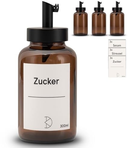 Koffs Design - 3 Stück Zuckerstreuer mit Edelstahl Dosierer – individuelle Streuer für Zucker, Streusel, Sesam, Saaten und mehr - moderne Zuckerdose aus Glas mit UV‑Schutz - mit Stickern 300ml