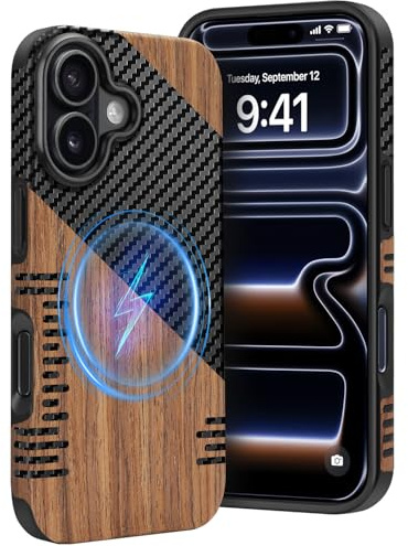 Dolstrap Robuste Coque iPhone Compatible avec Coque iPhone 17 (Compatible avec Magsafe), (Bois Naturel & Fibre Texture de Carbone) Mince Case, Noir+Marron