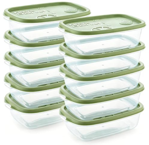 10Pcs Food Storage Container Set with Lid - 500ML Per Plastic Food Container Airtight Box Rectangle Leakproof PP Food Prep Storage Sets Reusable for Microwave Freezer Dishwasher School/ Work (Green)