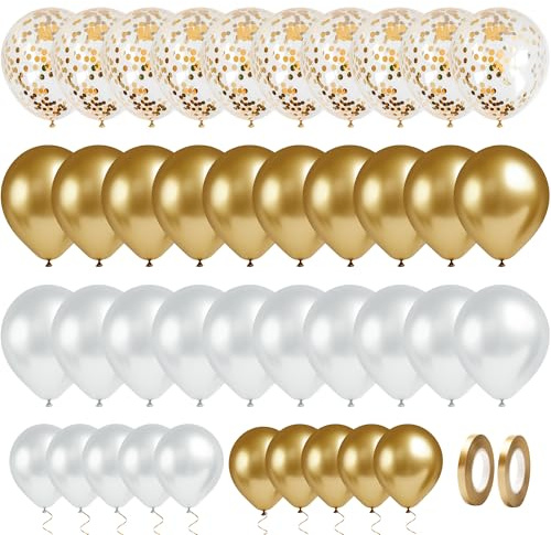 Elalove Luftballons Set, 70 Stück, Weiß Gold | Geburtstag Hochzeit Babyparty Dekoration, Pastellfarben und Goldtönen, mit Bändern