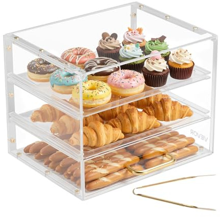 VEVOR Bakery Display Case, 3-Tier Commercial Countertop Pastry Display Case, Clear Acrylic Bread Box for Kitchen, Party Cake Cabinet with Flip-Up Door for Cookie Dessert Donut, 13 x 10.2 x 10.2