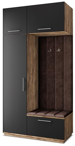 Masseno Flugarderoben Set Rema, Kleiderschrank-Set mit Sitzbank, Garderobenschrank Flur mit 5 Regalböden, Eiche Lefkas/Schwarz
