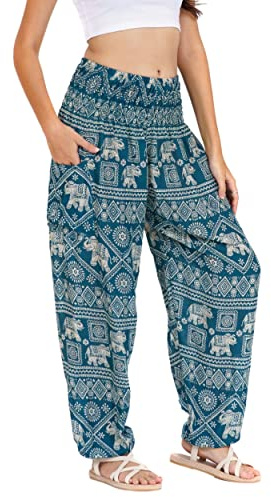 Lofbaz Damen Haremshose Yogahose Pumphose Hippie Hose Boho Kleidung Festival Outfit Sommerhose Leicht Sommer Hosen - Elephant 1 Teal Grün 3XL Große Größen