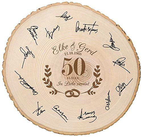 Casa Vivente Große Baumscheibe mit Gravur zur Goldenen Hochzeit Personalisiert mit Namen und Datum, In Liebe Vereint, Türschild, Gästebuch, Wanddeko, Geschenkidee für Ehepaare zum 50. Hochzeitstag