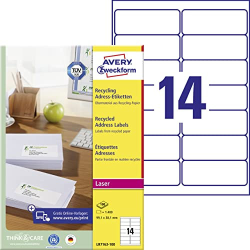 AVERY Zweckform LR7163-100 Recycling Etiketten (1.400 Adressaufkleber, 99,1x38,1mm auf A4, 100% recyceltes Altpapier, bedruckbar, selbstklebend, für DIN lang Briefkuverts) 100 Blatt, naturweiß