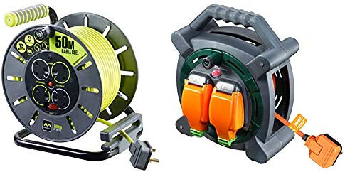 Masterplug Pro-XT Four Socket Open Cable Reel Extension Lead, Thermal Cut Out and Power Switch, 50 Metres High Visibility Cable & Two Socket Outdoor Weatherproof Case Reel, 20 Metres