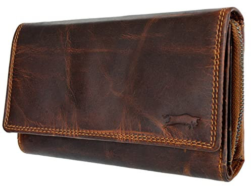 Ven Tomy Geldbörse Damen Herren groß viele Fächer Leder Portemonnaie Geldbörsen Portmonee braun RFID Blocker (Dunkelbraun Glattleder)