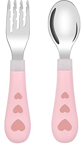 Vicloon Tenedor y Cuchara de Acero Inoxidable para Niños, Cubiertos Infantilescon Caja Antipolvo,Utensilios para Niños Pequeños Tenedor y Cuchara para bebe… (corazón rosa)