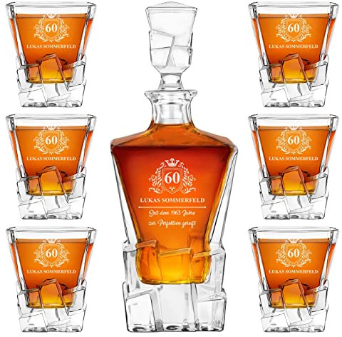 Maverton 950 ml Whiskey Karaffe + 6er Whiskygläser Set mit Gravur - Whisky Dekanter - Weihnachtsgeschenke - luxuriöses Design - Kristallglas - für Männer zum Geburtstag - Krone