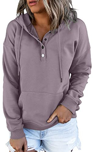 Dokotoo Kapuzenpullover Damen Knopfleiste Hoodies Pullover Langarm Herbst Winter Sweatshirt Oberteil Pulli, violett, L