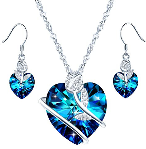 Yumilok Collier et Boucles d'Oreilles en Cristal pour Femme et Fille - Bijoux Parures en Argent 925, Cœur Bleu avec Rose Fleur et Zircon