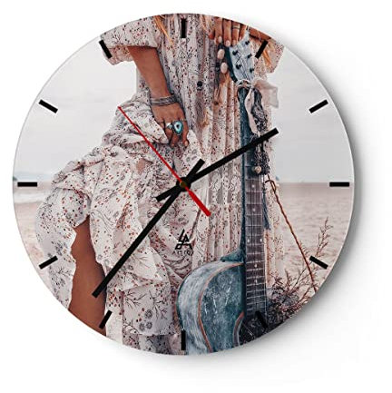 Modern Wanduhr Frau Kleid Gitarre 40x40cm Rund Groß Wand Uhr Glas Analog Zimmeruhren Küche Büro Wohnzimmer Glasuhr Wall Clock Dekoration Design Wanddekoration Küchenuhr C3AR40x40-4685