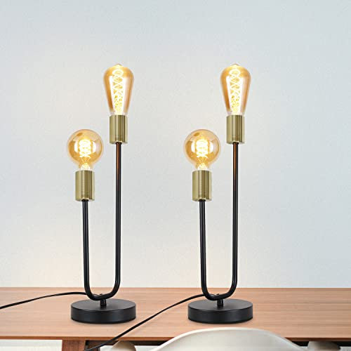 CBJKTX 2er Tischlampe Vintage Tischleuchte E27 - Retro Nachttischlampe in Schwarz Gold mit 2 Flammig Industrial Schlafzimmer Nachtlicht aus Metall Schreibtischlampe mit Kabel für Wohnzimmer