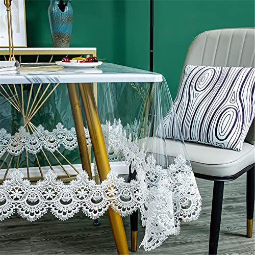 Klare Kunststoff Rechteck Tischdecke Wasserdichtes Vinyl PVC Tischdecke Bestickte Spitze Rand Transparente Tischabdeckung für die Küche im Freien und im Inneren verwendet-130x180 cm, Weiß