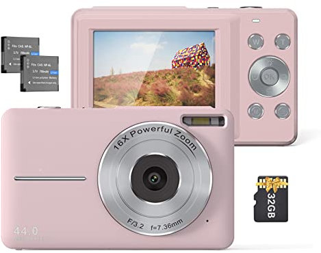 Camnoon 1080P Digital Camera Video Camcorder 44MP Auto Focus 2.5 IPS Screen 16X Digital Zoom Anti-shake with 32GB Memory Card 2pcs Batteries for Kids Pink