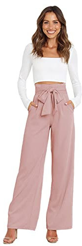 Odizli Pantaloni da donna eleganti a vita alta, lunghi, estivi, per lavoro, feste, con cintura, Colore: rosa., XL
