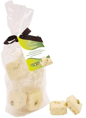 LUSCIOUX Cubetti di torrone morbido al Pistacchio e cioccolato bianco in Busta con Fiocco (200)