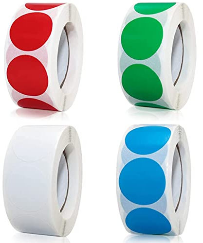 Markierungspunkte,2000 Stück Bunte Klebepunkte auf Rolle, Selbstklebende, Runde Aufkleber perfekt für Kennzeichnung im Büro, Sticker rund 25x25 mm Rot Grün Blau Weiß