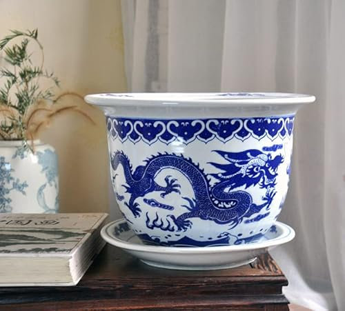 Pots De Fleurs En Céramique Style Chinois Bleu Et Blanc Porcelaine Chlorophytum Pot De Plante Verte Chinois Dessiné À La Main Chinois Dragon Intérieur / Extérieur Pot De Fleur Antique Décoration De La