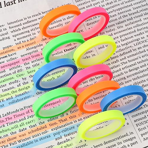 10 Rollen Fluoreszierende Klebezettel Highlight Strips Farbiges Transparente Haftnotizen Textmarker Band 6mm x 5m Ablösbar Farbige Tags Index Tabs für Lehrer Schüler Klasse Büro