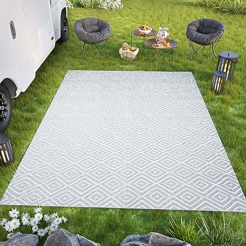 TAPISO Ibiza Teppich Outdoor Zweiseitig Wendbar Wasserdicht Resistent Geometrisch Figuren Diamanten Hellgrau Picknick Strand Garten ÖKO-TEX 150 x 240 cm