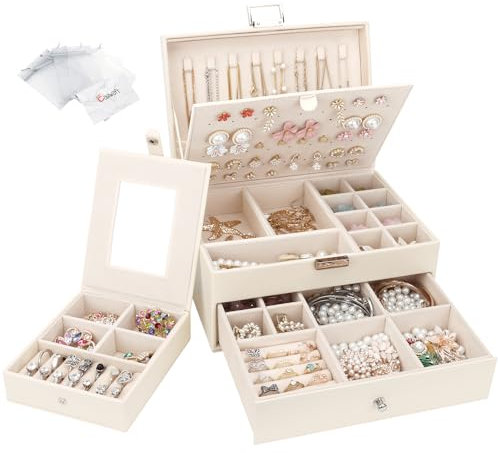 Jewellery Box Organiser 2 Layers, Large PU Leather Jewelry Storage Case with Portable Travel Jewellery Case, Jewellery Organiser Holder for Rings Earrings Bracelets Necklaces, Beige