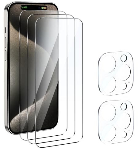Qoosea 3 Pack Screen Protector for iPhone 15 Pro with 2 Pack Camera Lens Protector, 9H Hardness Tempered Glass Film with HD Clear Bubble Free Case Friendly Protective Glass for iPhone 15 Pro 6.1
