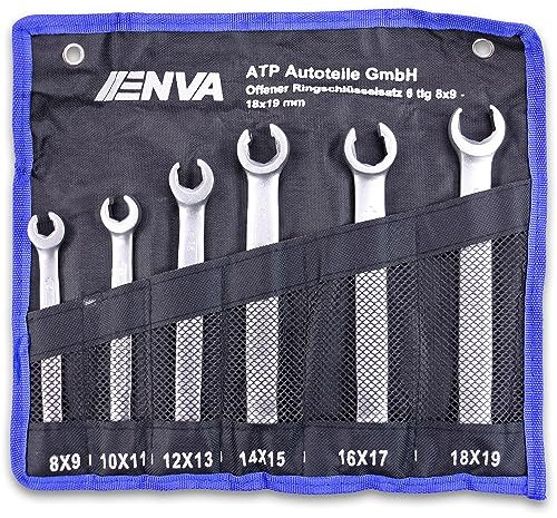 ENVA Offener Doppel Ringschlüssel Set SW 8x9 – 18x19mm 6TLG. Bremsleitung Schlüssel Matt Verchromt mit abgewinkelte Ringseiten aus Chrom-Vanadium-Stahl