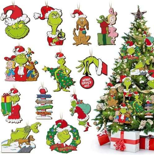 24 decorazioni per albero di Natale Grin-ch, in legno, da appendere, con corda, ornamenti natalizi per Natale e interni