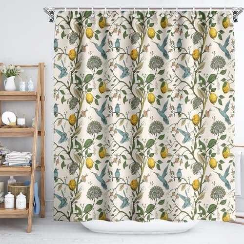 Fchen art Rideau de douche motif citron, rideau de douche motif colibri, citron, fruits frais, fleurs, branches d'arbre, baies, nature, drôle, rideau de douche bohème chic, 180 x 180 cm
