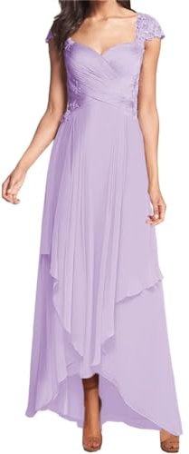 WSEYU Mangas casquillo madre de la novia vestidos de novio para boda apliques de encaje gasa noche abuela vestidos, Lila, 36
