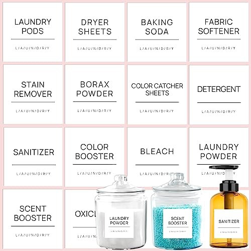 Wäscheetiketten für Gläser, 16 Minimalistische Wäscheraum-Etiketten, Abnehmbare wasserdichte Wäsche-Aufkleber für Behälter, Wäscheraum-Organisation und Lagerung, mit 2 leeren Etiketten