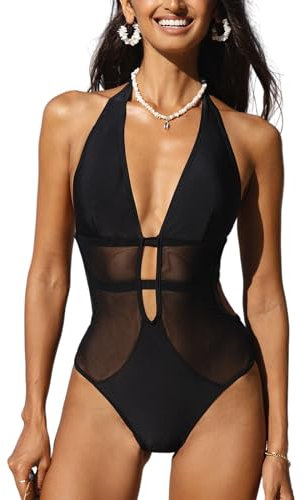 CUPSHE Damen Badeanzug Tiefer V Ausschnitt Neckholder Netzeinsatz Rückenfrei Riemchen Einteilige Bademode Swimsuit Schwarz M