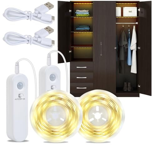 Hoobabuy Led Strip mit Bewegungsmelder Wiederaufladbar Batterie, Led Band Bewegungsmelder, Wiederaufladbare Kleiderschrank Beleuchtung, für Treppen, Babyzimmer, Küche, 2M * 2 Pack, Warmweiß 2700K