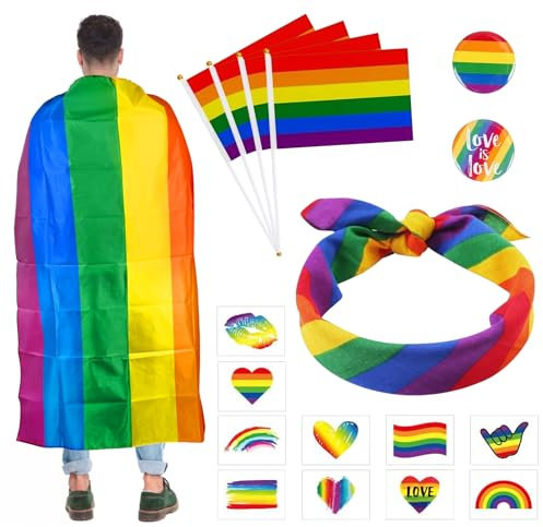 GAROMIA Pride Flag 17 Stück Pride Accessoires Set Gay Pride Party Regenbogen Umhang Stirnband LGBTQ Abzeichen Regenbogentattoo Regenbogen Flaggen für Frauen Männer Pride Party Pride Parades