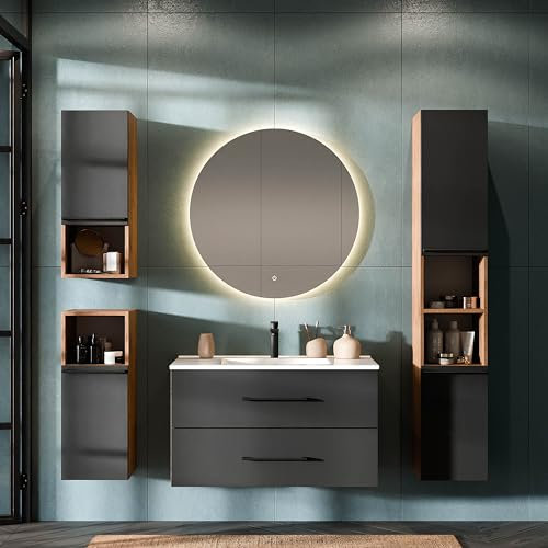 Planetmöbel LUX Badmöbel Set Waschtisch mit Waschbecken 90 cm, Spiegel mit Beleuchtung rund 80 cm (Touch-Funktion), Hochschrank 165 cm + 2X Midischrank 75 cm, Gold Eiche/Anthrazit