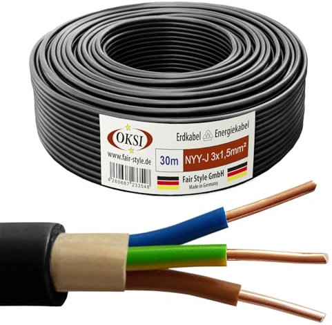 OKSI 30m NYY-J 3x1,5 mm² Erdkabel Elektrokabel Beton und Freien Kupfer Made in Germany