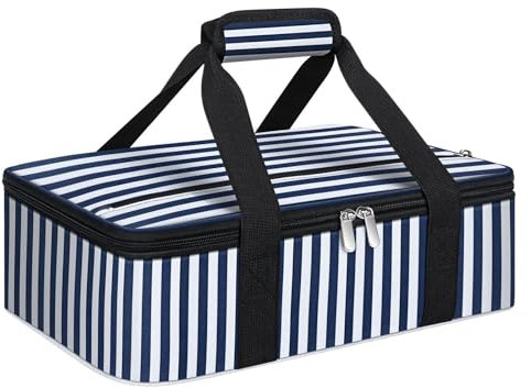 MIAOJIE Insulated Casserole Carrier, Portable Casserole Carrier for Hot or Cold Food Lunch Tote Warmer or Cooler Bag, Lasagna Lunch Bag for Potluck Parties- Fits 9 x 13 Baking Dish-Blue Stripes