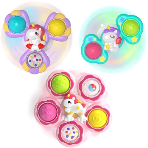 Usrela 3PCS Baby Spinner Ventouse Pop it, Ventouse Spinner Jouets Animaux Mignons Jouets de Bain Bébé, Jouet Ventouse avec Hochet pour Bébé, Jouet Bebe Cadeau Anniversaire Bébés 1 2 an Filles Enfants