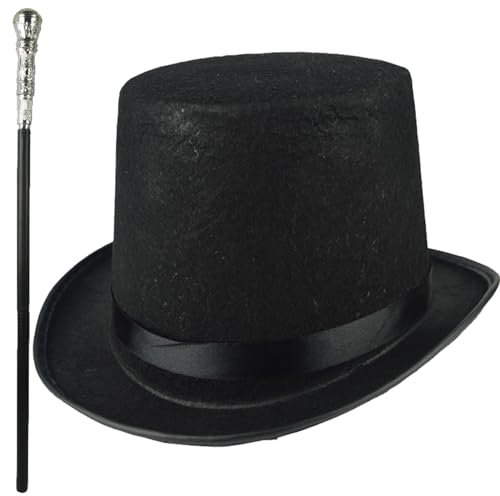 SouiWuzi Black Cane Top Hut Kostüm 2pcs/Set Halloween Top Hut & 31,5 Zoll Black Cane 1920er Herren Accessoires für Männer Frauen Magic Performance, Cosplay, Tanz, Weihnachtsbaum, Halloween Top Hut