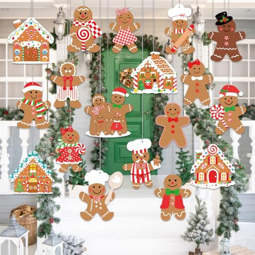 Gingerbread Christmas Decoration Outdoor - 18pcs Outdoor Waterproof Hanging Gingerbread House Ornaments for Yard Porch Christmas Tree Decor
