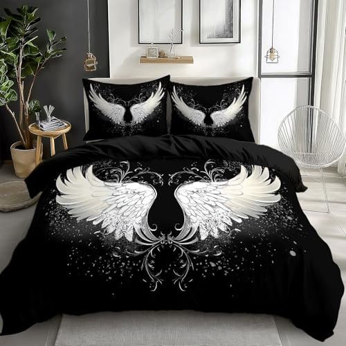 Quixora 3-teiliges Bettwäsche-Set 135 x 200 cm mit 2 Kissenbezügen 80x80 cm, Bettbezüge Abstrakte weiße Engelsflügel Druck weiche Mikrofaser für Kinder Mädchen und Teenager, Schwarz