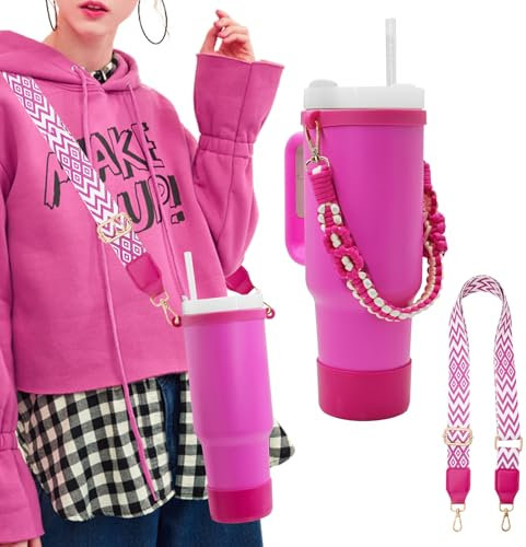 MOKICE Paracord Handle for Stanley Cup 40/30/20 OZ,Shoulder Strap for Owala/Hydroflask/Simple Modern/Yeti Tumbler, Handle with Carrier Fits Most 8-40oz Water Bottles. (Rose Red)