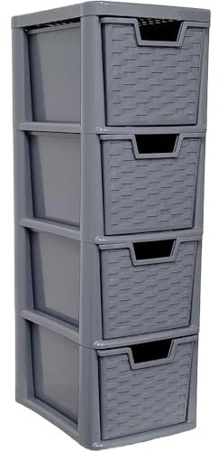 ALEEZ - 4 Drawer Storage Unit - Rattan Effect Plastic Tower Unit - Home Office Desktop Organizer - Cosmetic, stationery, Craft Table Top Drawer - Multipurpose Storage Solution (Grey, 4 Drawer)