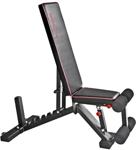 Hansson Sports® Premium Hantelbank verstellbar als Flachbank Schrägbank Negativbank mit Bein-Fixierung und Transportrollen, 7,5 cm extra dicke Polster, belastbar bis 450kg (A:1F09388HS)