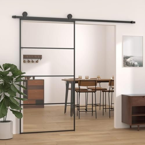Somanki Schiebetür Aluminium und ESG Glas 102,5x205 cm Schwarz, Zimmertür, Eingangstür, Innentüren - 6 x Rand,12 x Stecker,3 x Bausatz,2 x U-förmige Stange,4 x Glasscheibe,4 x Endstück