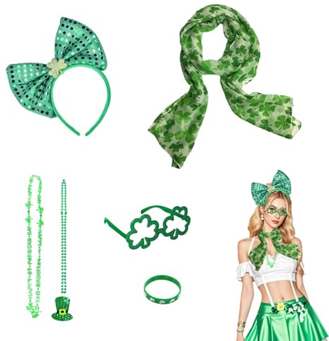 St. Patricks Day Shamrock Kopfbedeckung Stirnband Set – Perfektes Kostüm Zubehör für Irland Nationalfeier, Karneval mit Halskette, Armband & Schal