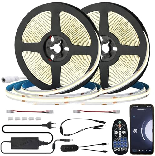 FOLGEMIR WIFI 10m (2x 5m) COB LED Streifen Warmweiß 3000K, Dimmbar 8mm LED Strip mit 24V Netzteil & IR Fernbedienung, Timer, Musik, selbstklebend, IP20, kompatibel mit APP Tuya