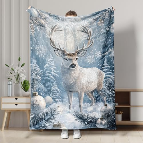 Überwurfdecke, Winterwald, Hirsch, gemütlich, Urlaubsdekoration, Flanelldecke, Weihnachten, weich, warm, Bettwäsche für Sofa, Bett, alle Jahreszeiten, 152,4 x 203,2 cm, Blau
